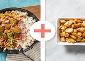 Southeast Asian Tofu & Chicken Coconut Curry with Ginger-Garlic Rice & Crushed Peanuts recipe