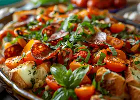 Baked Tomato and Pepperoni Bread Salad recipe