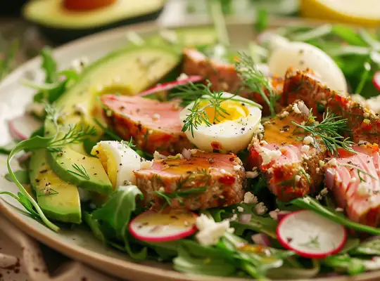 Stashcook | Mixed Greens Salad with Seared Tuna, Egg & Dill-Yogurt Dressing