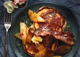 Ricotta pancakes with spiced pear and bacon butter recipe