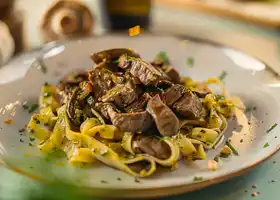 Beef and Mushroom Tagliatelle with Walnut Pesto recipe