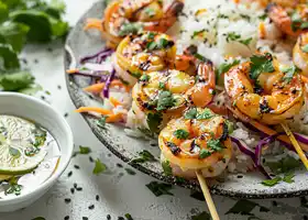 Grilled Lemon-Herb Shrimp with Tropical Slaw and Coconut Rice recipe