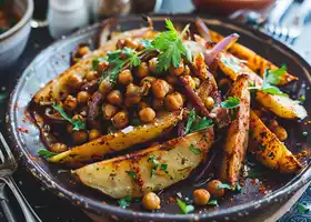 Spiced Potato Wedges with Roasted Chickpeas and Herb Sauce recipe