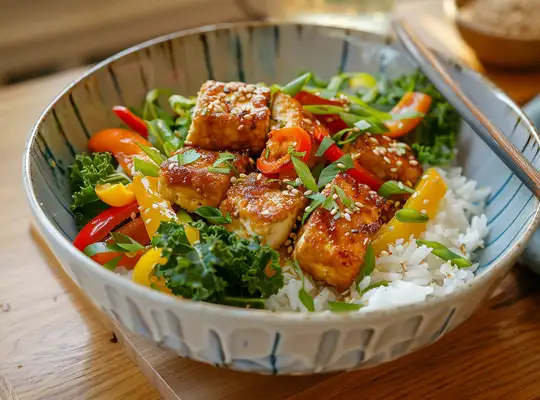 Stashcook | Crispy Tofu with Mixed Vegetables in Almond Sauce over Jasmine Rice
