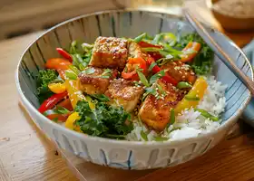 Crispy Tofu with Mixed Vegetables in Almond Sauce over Jasmine Rice recipe