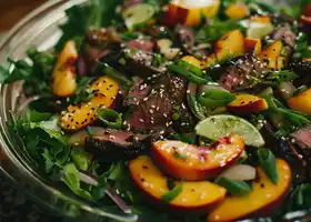 Beef & Peach Salad with Mixed Greens & Sesame recipe