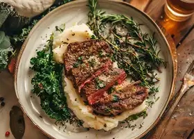 Herb-Crusted Ribeye with Roasted Garlic Mashed Potatoes & Sautéed Kale recipe