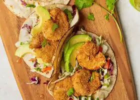 Popcorn Shrimp Tacos with Cabbage Slaw recipe