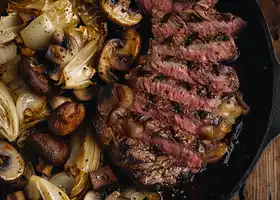 Pan-Seared Ribeye with Balsamic Mushrooms & Roasted Cabbage recipe