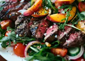 Pan-Seared Steak with Peach Salsa & Arugula Salad recipe