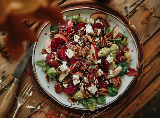 Stashcook | Roasted Beet and Brussels Sprout Salad with Pecans and Feta