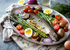 Baked Trout with Asparagus and Cherry Tomatoes Salad recipe