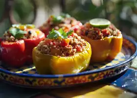 Cheesy Beef and Quinoa Stuffed Bell Peppers recipe