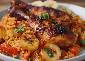 Spicy Tomato Rice with Roasted Chicken and Fried Bananas recipe
