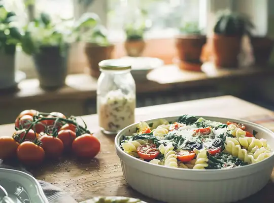 Stashcook | Baked Fusilli with Spinach, Cherry Tomatoes & Mozzarella