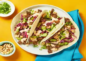 Spicy Hoisin Beef Tacos with Sesame Veggie Slaw & Sriracha Mayo recipe