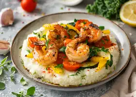 Cheesy Grits with Spicy Shrimp and Roasted Vegetables recipe
