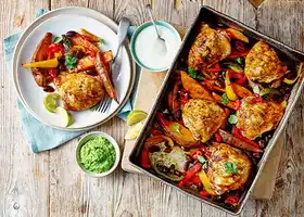 Chicken fajita traybake with pea 'guacamole' recipe