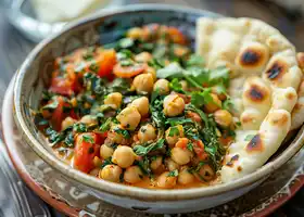 Chickpea, Tomato & Spinach Curry with Garlic Naan recipe