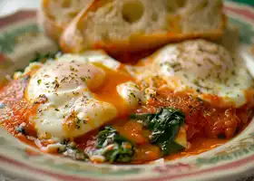 Eggs Poached in Tomato and Spinach Sauce with Cheesy Garlic Bread recipe