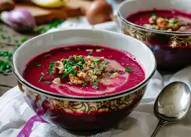 Creamy Beet, Sweet Potato & Pear Soup with Toasted Walnuts recipe