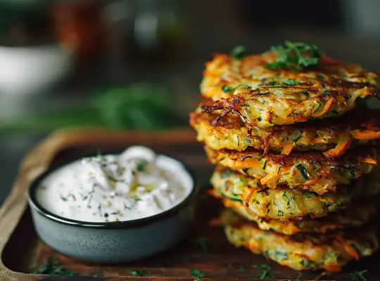 Stashcook | Carrot and Zucchini Fritters with Herbed Yogurt Dip