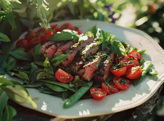 Stashcook | Herb-Infused Grilled Steak with Cherry Tomato & Snap Pea Salad