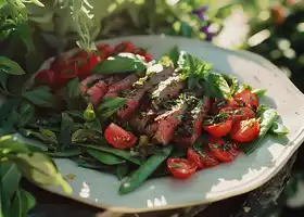 Herb-Infused Grilled Steak with Cherry Tomato & Snap Pea Salad recipe