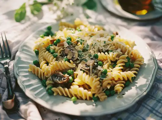 Stashcook | Fusilli with Creamy Mushroom Sauce and Peas