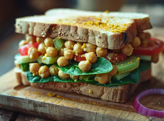 Stashcook | Curried Chickpea Salad Sandwich with Spinach & Tomato
