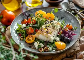 Oven-Baked Cod with Mediterranean Vegetables and Citrus Salad recipe