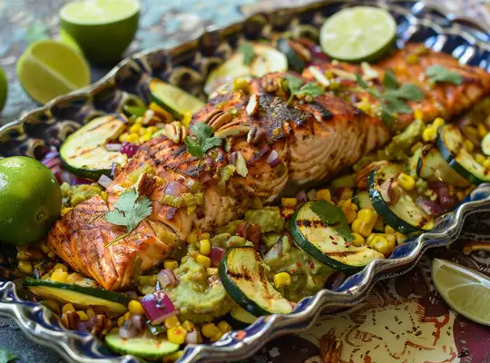 Stashcook | Chili-Lime Salmon with Pecan Guacamole & Zucchini-Corn Stir-Fry