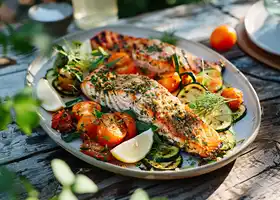 Herb-Crusted Salmon with Grilled Zucchini and Tomato Salad recipe