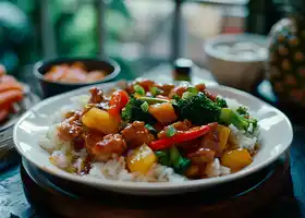 Pineapple Sweet and Sour Pork with Vegetables over Jasmine Rice recipe