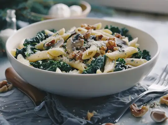 Stashcook | Creamy Kale and Mushroom Penne with Toasted Walnuts