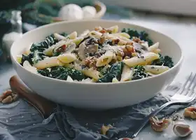 Creamy Kale and Mushroom Penne with Toasted Walnuts recipe