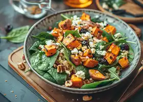 Spinach, Roasted Sweet Potato & Brown Rice Salad with Feta recipe