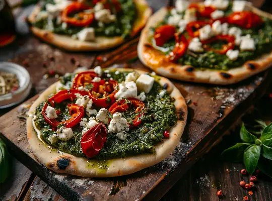 Stashcook | Pita Pizza with Spinach Pesto, Feta & Roasted Peppers