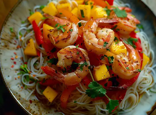 Stashcook | Sweet and Spicy Shrimp with Mango and Peppers over Vermicelli